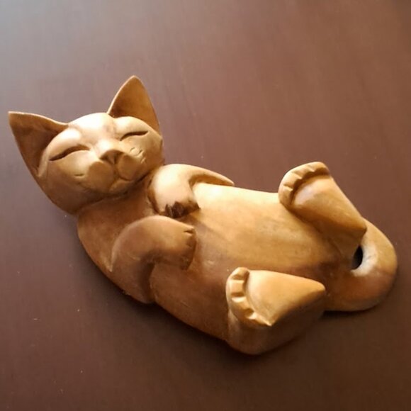 Other - Vintage Balinese Hand Carved Wooden Sleeping Cat Folk Art Figurine